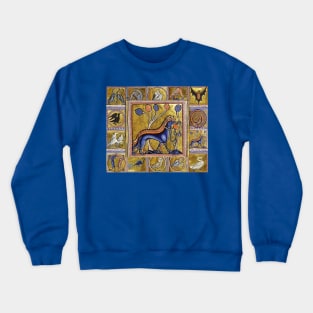 MEDIEVAL BESTIARY THREE DOGS, FANTASTIC ANIMALS IN GOLD RED BLUE COLORS Crewneck Sweatshirt